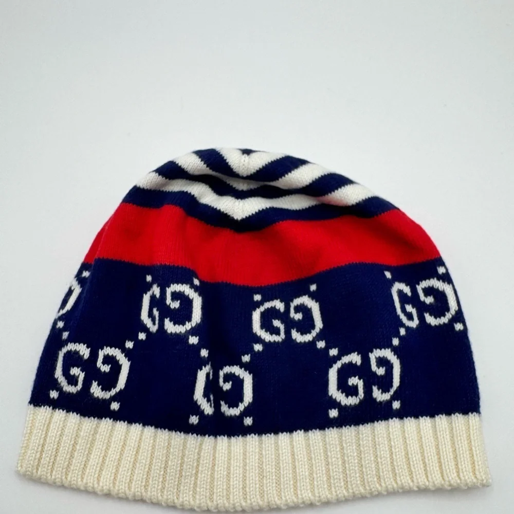 Gucci Cream Navy & Red GG Knit Beanie baby medium
